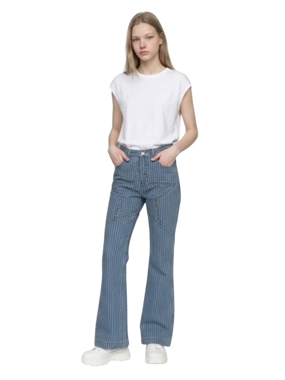 Revice Denim Pinstripe Flare Star Bottom Denim Jeans Made in USA Size 29
